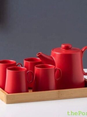 Набор Olens чайник 600 мл 4 чашки, 120 мл піднос "Монако", червоний