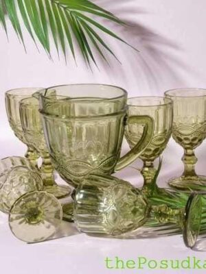 Набір 6 Келихів і Графин Olens "Вінтаж" з Кольорового Скла Зелений