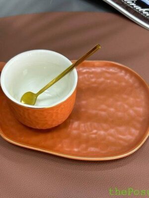 Чашка з блюдцем і ложкою Olens "Добрий ранок", 150 мл, помаранчева