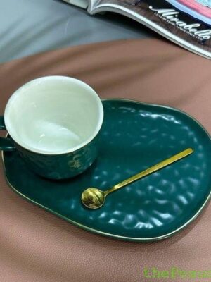 Чашка з блюдцем і ложкою Olens "Добрий ранок", 150 мл, зелена