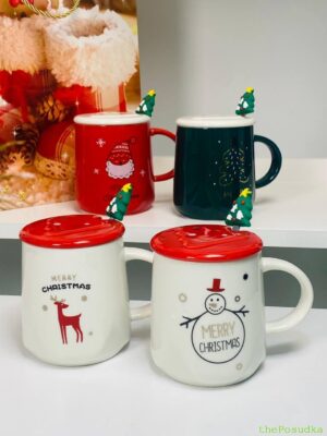 Кружка з кришкою і ложкою "Зелена ялинка", 400 мл