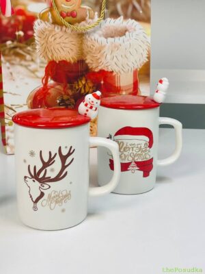 Кружка з кришкою і ложкою "Сніговик 2024", 400 мл