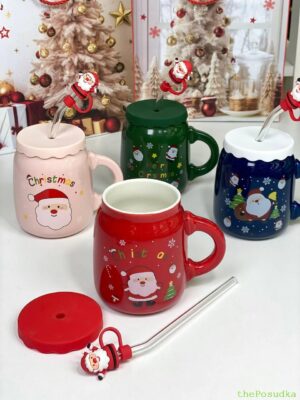 Кружка з кришкою і скляною трубочкю"Санта 2024", 460 мл