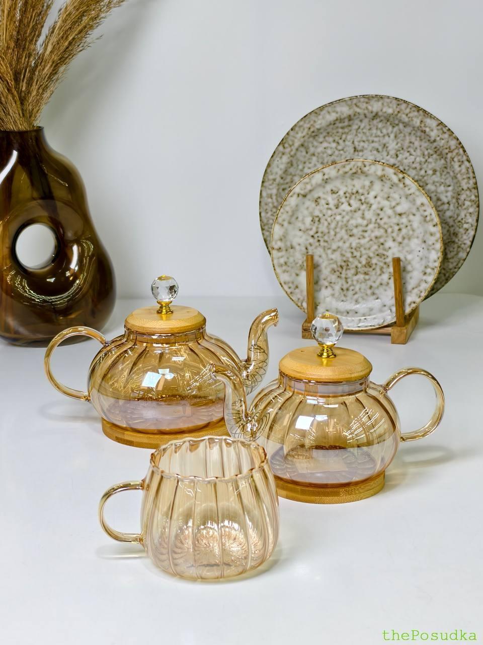 Чайник скляний на підставці "Пампкін", бурштиновий Зображення 5 – thePosudka Чайник скляний на підставці "Пампкін", бурштиновий - Зображення 5