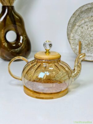 Чайник скляний на підставці  "Пампкін", бурштиновий