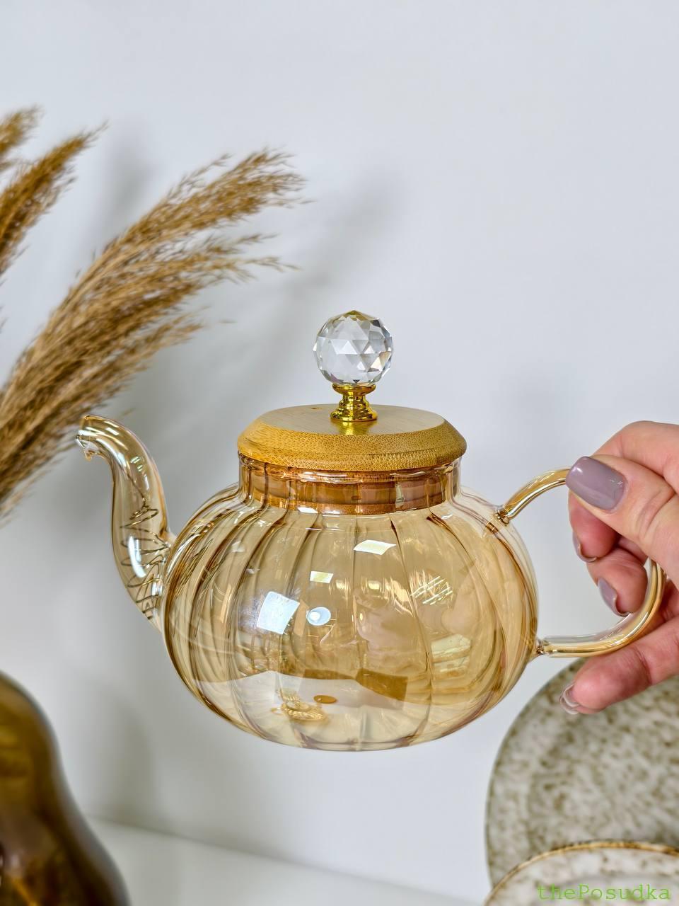 Чайник скляний на підставці "Пампкін", бурштиновий Зображення 4 – thePosudka Чайник скляний на підставці "Пампкін", бурштиновий - Зображення 4