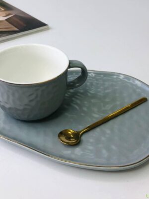 Чашка з блюдцем і ложкою Olens "Добрий ранок", 150 мл, сіра
