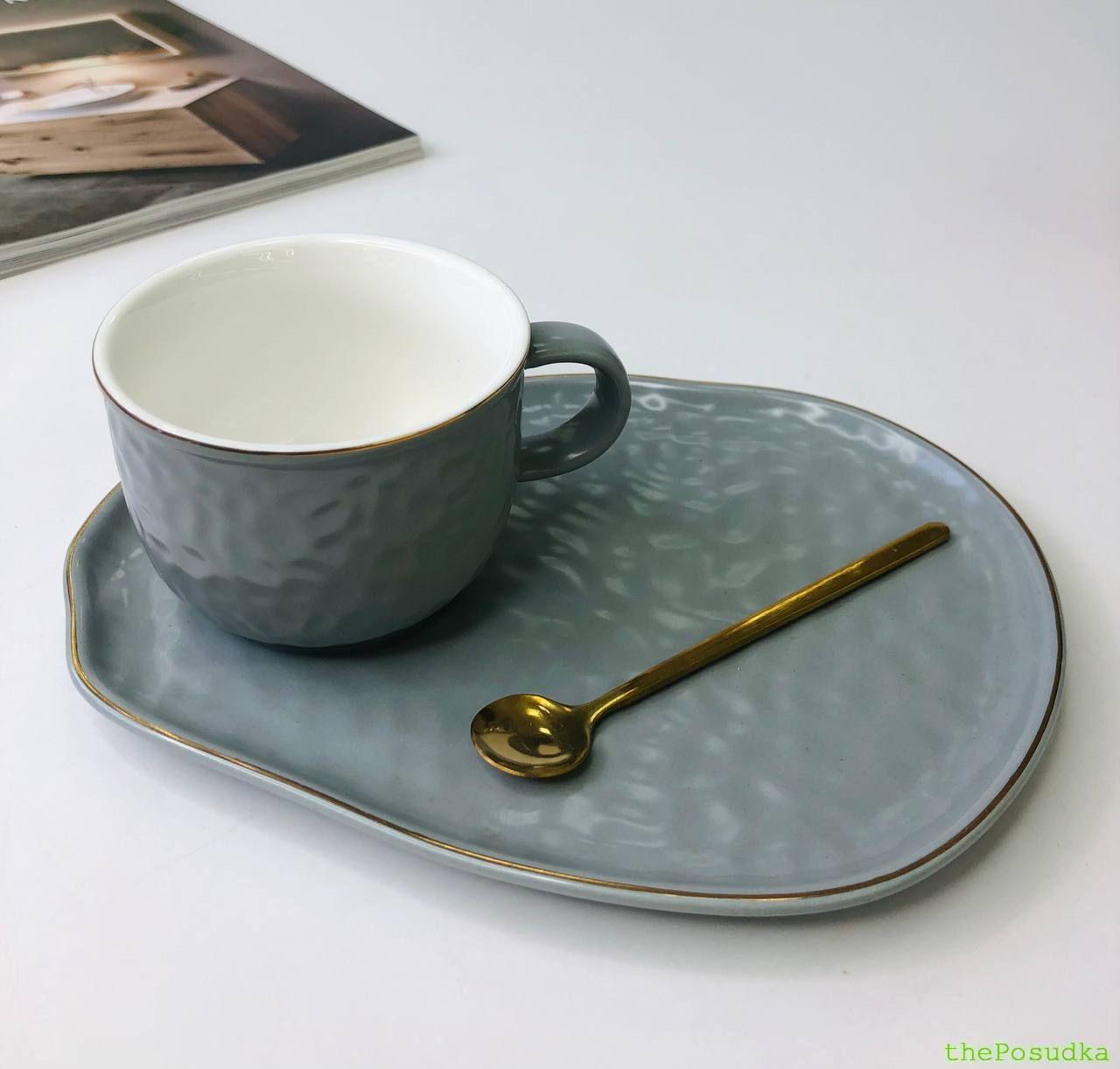 Чашка з блюдцем і ложкою Olens "Добрий ранок", 150 мл, сіра Зображення 1 – thePosudka Чашка з блюдцем і ложкою Olens "Добрий ранок", 150 мл, сіра