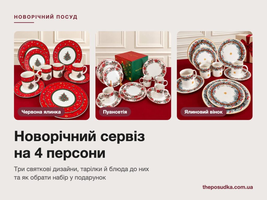 Новорічні сервізи «Червона ялинка», «Пуансетія» і «Ялиновий вінок» на 4 персони